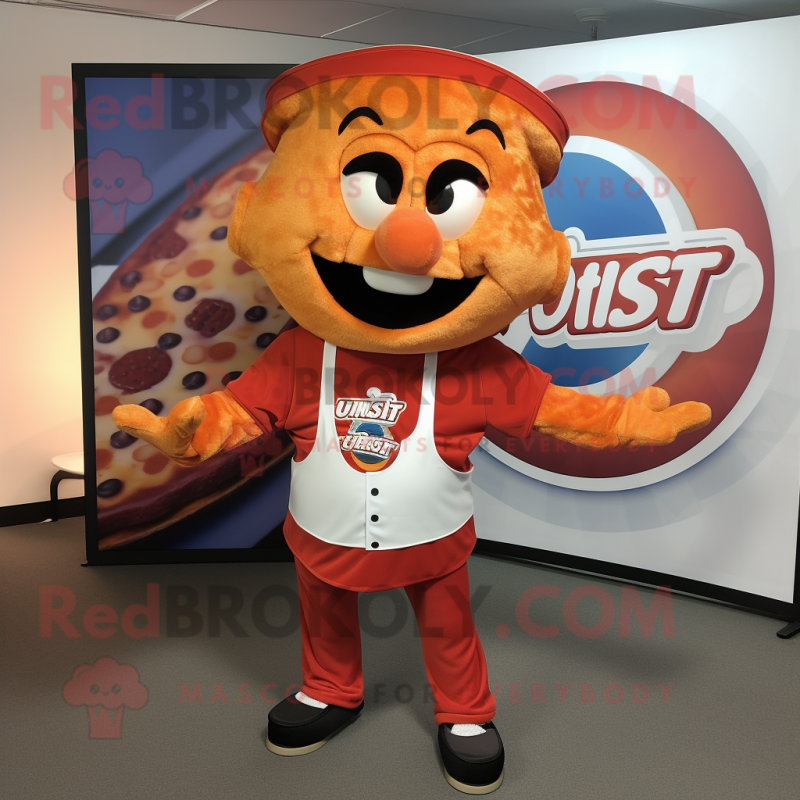 Rust Pizza mascot costume character dressed with a Graphic Tee and Cufflinks Rust Pizza mascot costume character dressed with a Graphic Tee and Cufflinks