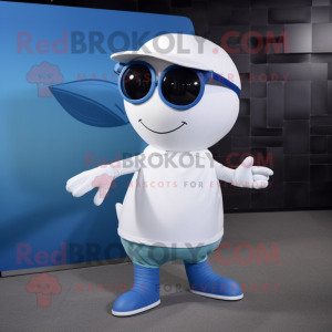 White Blue Whale mascot costume character dressed with a T-Shirt and Sunglasses