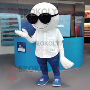 White Blue Whale mascot costume character dressed with a T-Shirt and Sunglasses