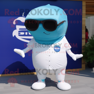 White Blue Whale mascot costume character dressed with a T-Shirt and Sunglasses