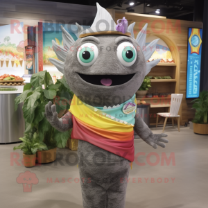 Gray Fish Tacos mascot costume character dressed with a One-Piece Swimsuit and Headbands