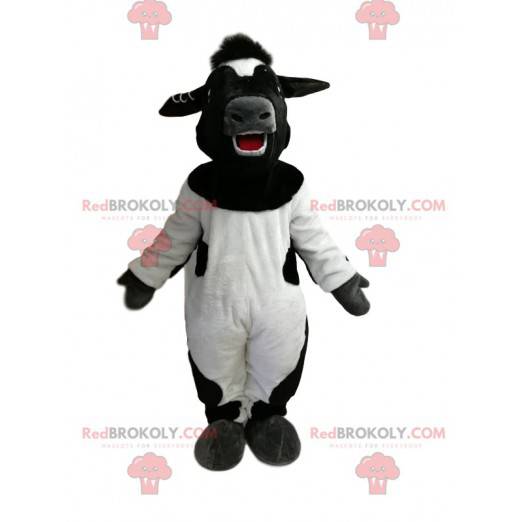 Mascotte de vache noire et blanche très heureuse -