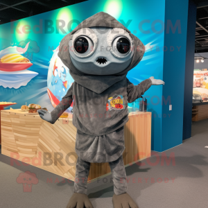 Gray Fish Tacos mascot costume character dressed with a One-Piece Swimsuit and Headbands