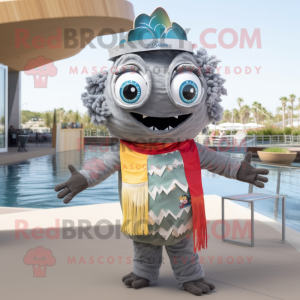 Gray Fish Tacos mascot costume character dressed with a One-Piece Swimsuit and Headbands