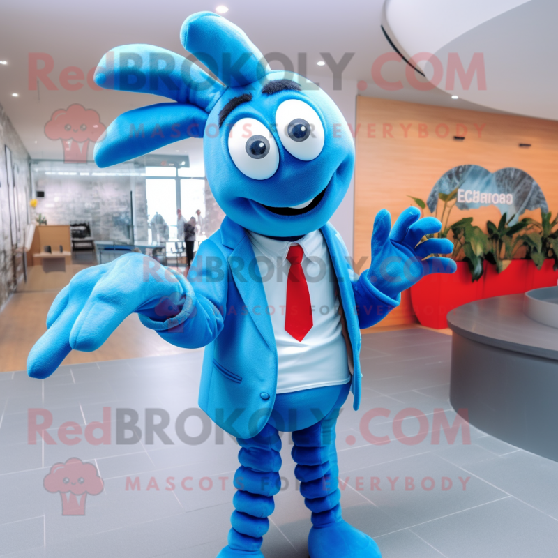 Sky Blue Lobster mascot costume character dressed with a Blazer and Hair clips