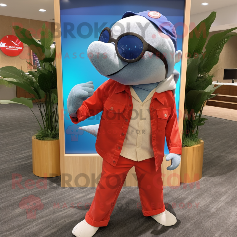 Red Dolphin mascot costume character dressed with a Chambray Shirt and Sunglasses