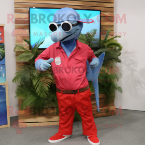 Red Dolphin mascot costume character dressed with a Chambray Shirt and Sunglasses