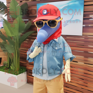 Red Dolphin mascot costume character dressed with a Chambray Shirt and Sunglasses