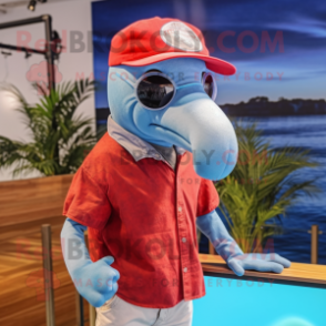 Red Dolphin mascot costume character dressed with a Chambray Shirt and Sunglasses