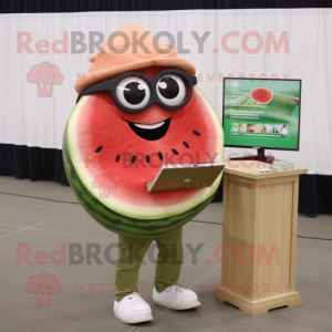 Tan Watermelon mascot costume character dressed with a Sweatshirt and Reading glasses