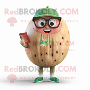 Tan Watermelon mascot costume character dressed with a Sweatshirt and Reading glasses