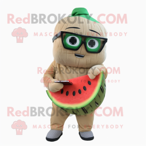 Tan Watermelon mascot costume character dressed with a Sweatshirt and Reading glasses