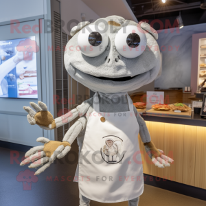 Gray Crab Cakes mascot costume character dressed with a Henley Shirt and Earrings