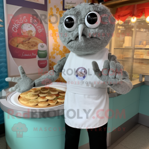 Gray Crab Cakes mascot costume character dressed with a Henley Shirt and Earrings