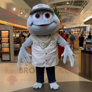 Gray Crab Cakes mascot costume character dressed with a Henley Shirt and Earrings
