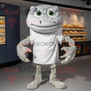 Gray Crab Cakes mascot costume character dressed with a Henley Shirt and Earrings