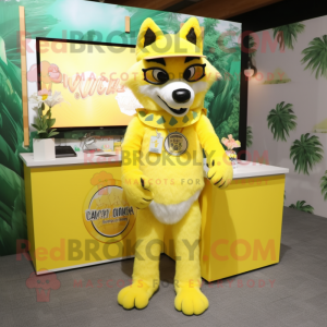 Lemon Yellow Say Wolf mascot costume character dressed with a Bikini and Earrings