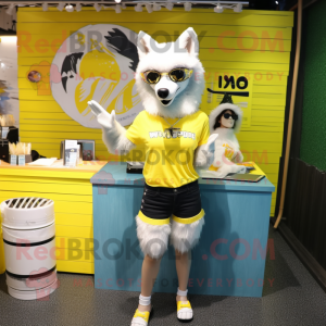 Lemon Yellow Say Wolf mascot costume character dressed with a Bikini and Earrings