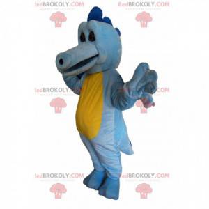 Mascote dragão azul-celeste e amarelo tocando - Redbrokoly.com