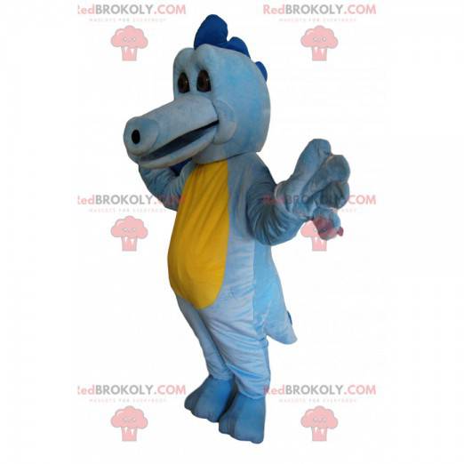 Mascotte de dragon bleu ciel et jaune attendrissant -