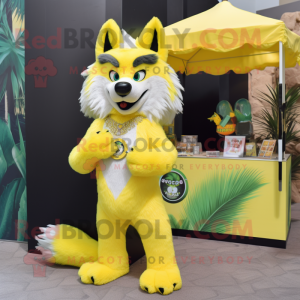 Lemon Yellow Say Wolf mascot costume character dressed with a Bikini and Earrings