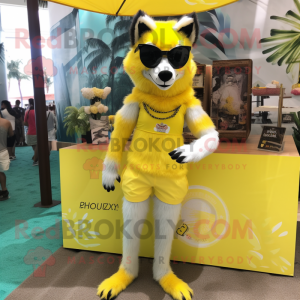 Lemon Yellow Say Wolf mascot costume character dressed with a Bikini and Earrings