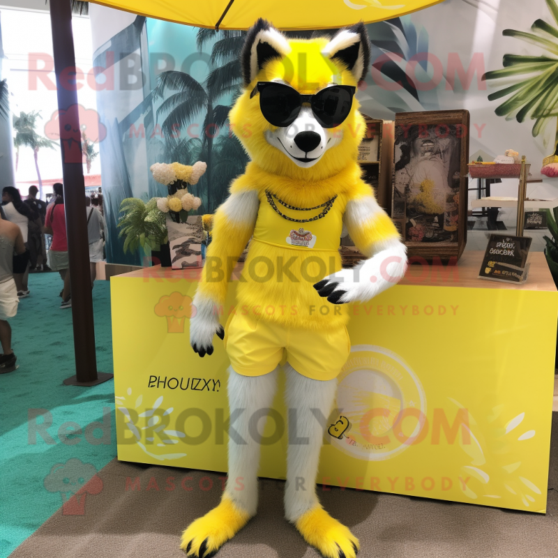 Lemon Yellow Say Wolf mascot costume character dressed with a Bikini and Earrings Lemon Yellow Say Wolf mascot costume character dressed with a Bikini and Earrings