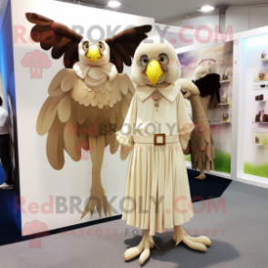 Cream Harpy mascot costume character dressed with a Wrap Skirt and Berets