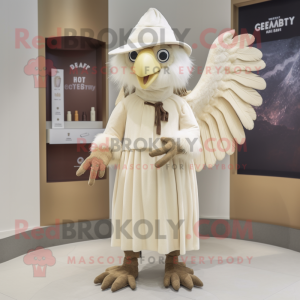 Cream Harpy mascot costume character dressed with a Wrap Skirt and Berets