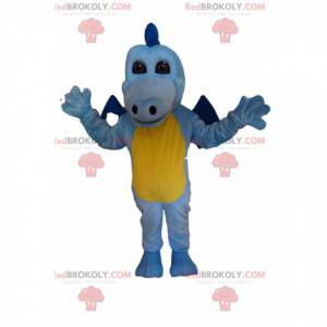 Mascote dragão azul-celeste e amarelo tocando - Redbrokoly.com