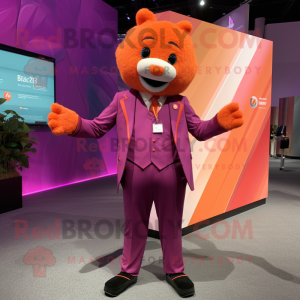 Magenta Orange mascot costume character dressed with a Suit Jacket and Suspenders