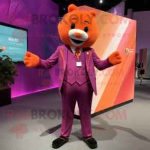 Magenta Orange mascot costume character dressed with a Suit Jacket and Suspenders