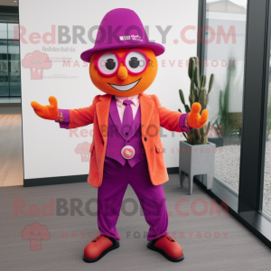 Magenta Orange mascot costume character dressed with a Suit Jacket and Suspenders