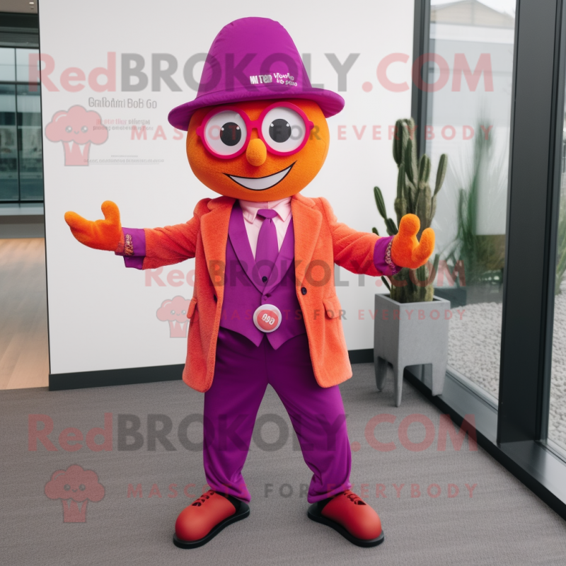 Magenta Orange mascot costume character dressed with a Suit Jacket and Suspenders Magenta Orange mascot costume character dressed with a Suit Jacket and Suspenders