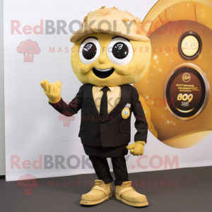 Gold Falafel mascot costume character dressed with a Blazer and Digital watches