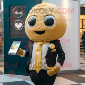 Gold Falafel mascot costume character dressed with a Blazer and Digital watches