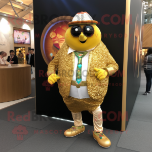 Gold Falafel mascot costume character dressed with a Blazer and Digital watches