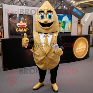 Gold Falafel mascot costume character dressed with a Blazer and Digital watches