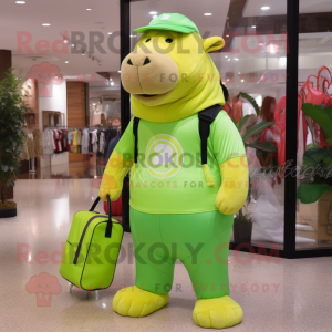 Lime Green Capybara mascot costume character dressed with a Joggers and Messenger bags