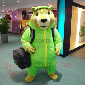 Lime Green Capybara mascot costume character dressed with a Joggers and Messenger bags