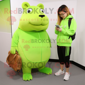 Lime Green Capybara mascot costume character dressed with a Joggers and Messenger bags