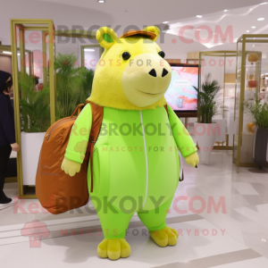 Lime Green Capybara mascot costume character dressed with a Joggers and Messenger bags