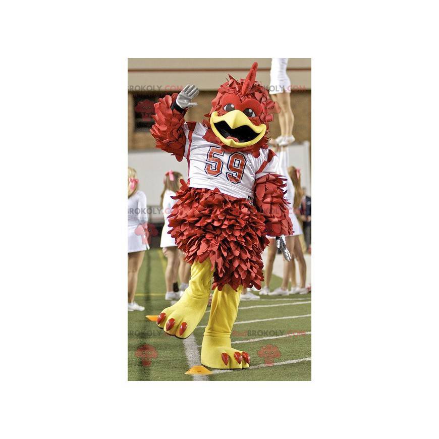 Brown and yellow bird mascot with a white sports jersey -