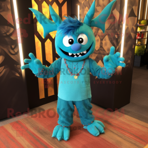 Turquoise Devil mascot costume character dressed with a Cardigan and Bracelets