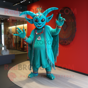 Turquoise Devil mascot costume character dressed with a Cardigan and Bracelets