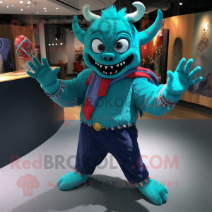 Turquoise Devil mascot costume character dressed with a Cardigan and Bracelets