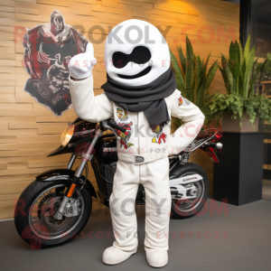 White Fajitas mascot costume character dressed with a Biker Jacket and Scarves