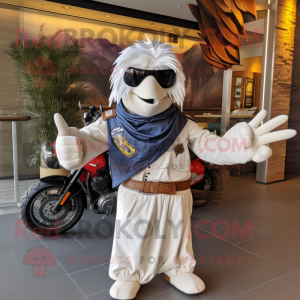 White Fajitas mascot costume character dressed with a Biker Jacket and Scarves