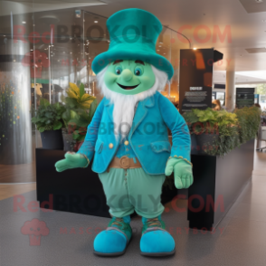 Turquoise Leprechaun mascot costume character dressed with a Trousers and Caps