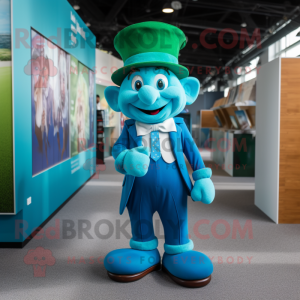 Turquoise Leprechaun mascot costume character dressed with a Trousers and Caps